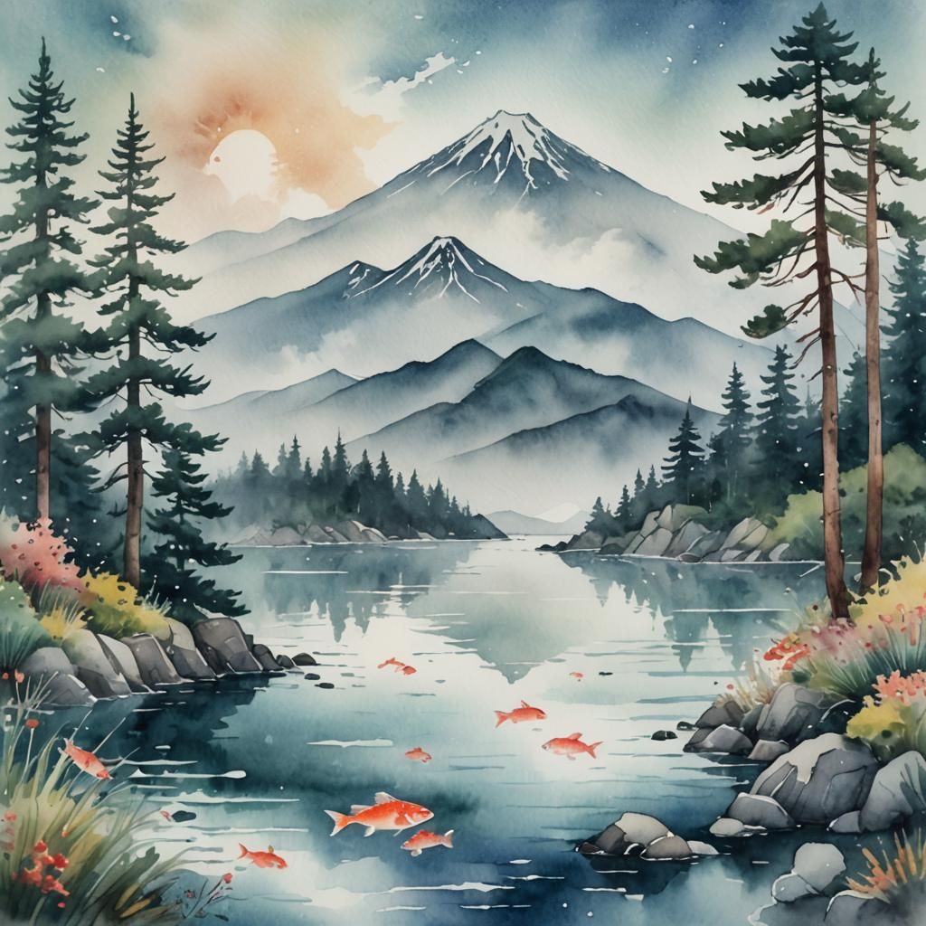 Watercolor Double Exposure: Mountains, Ocean, and Fish