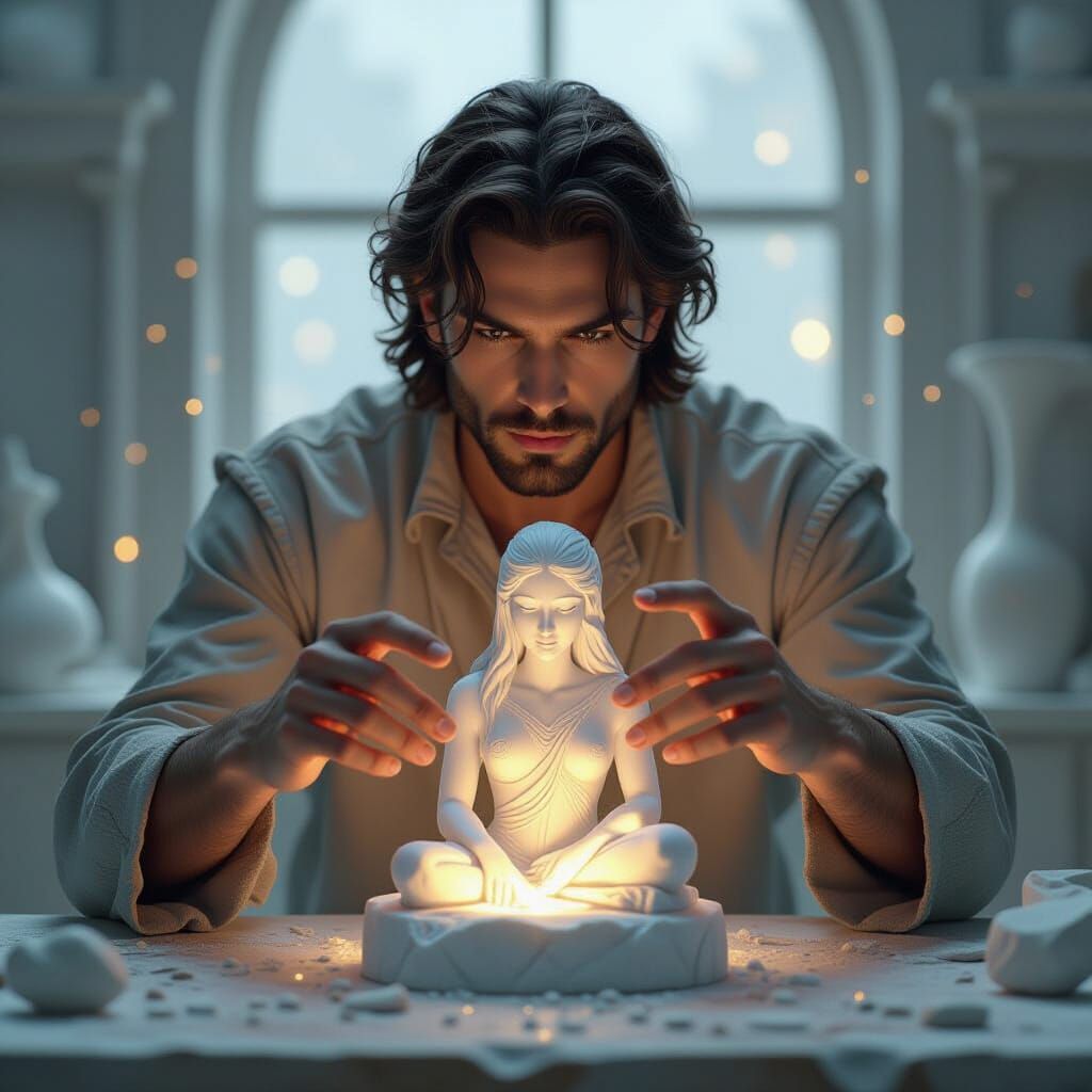 Magical Sculptor Animates Stone Statue with Light