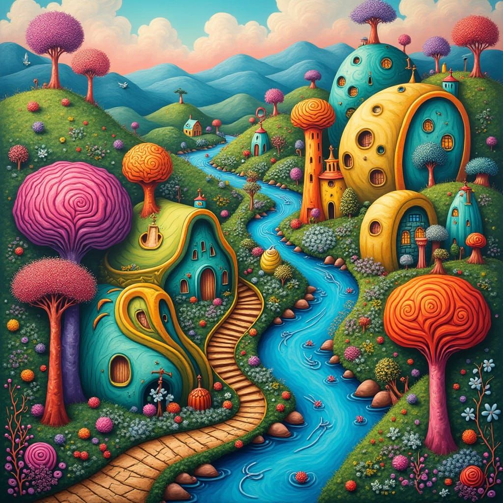 Whimsical Village with Hundertwasser-Inspired Architecture