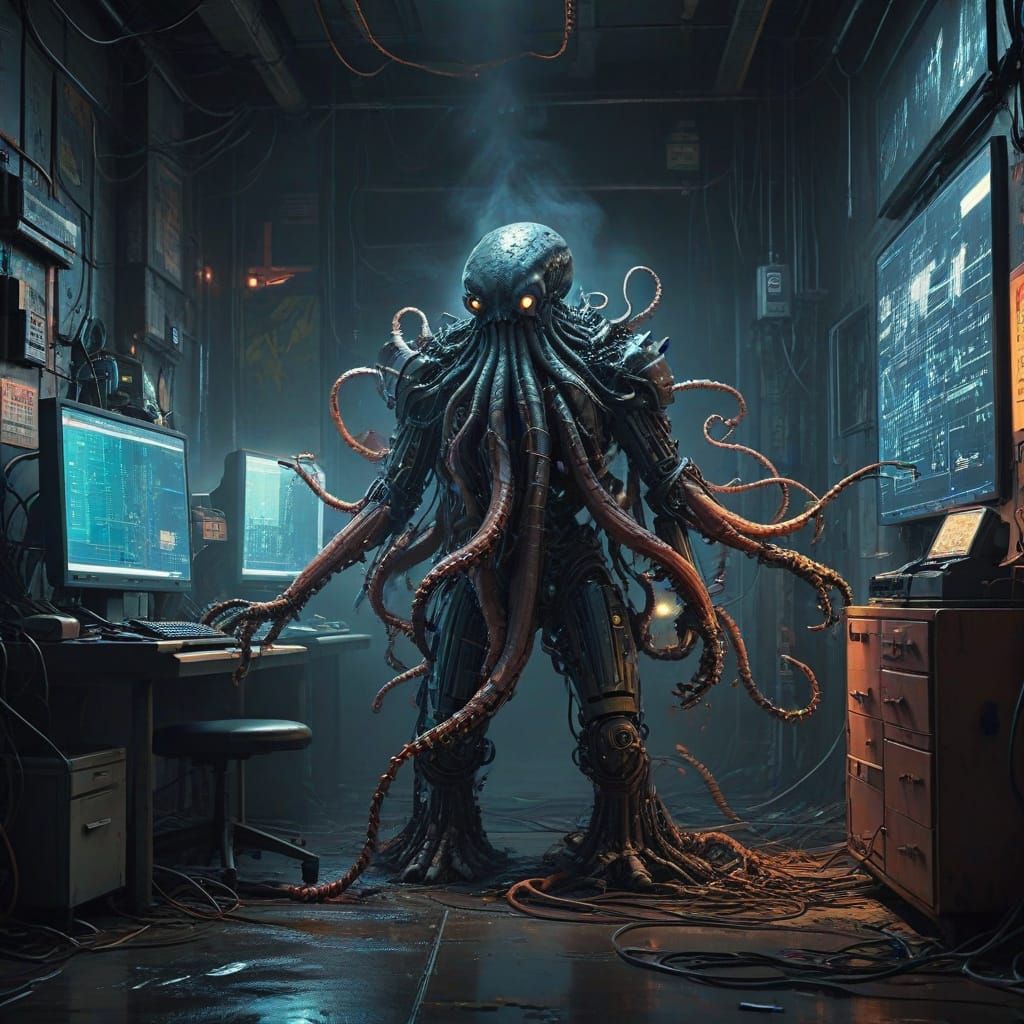 Cyberpunk Coding Chaos in a Gritty, High-Tech Lair