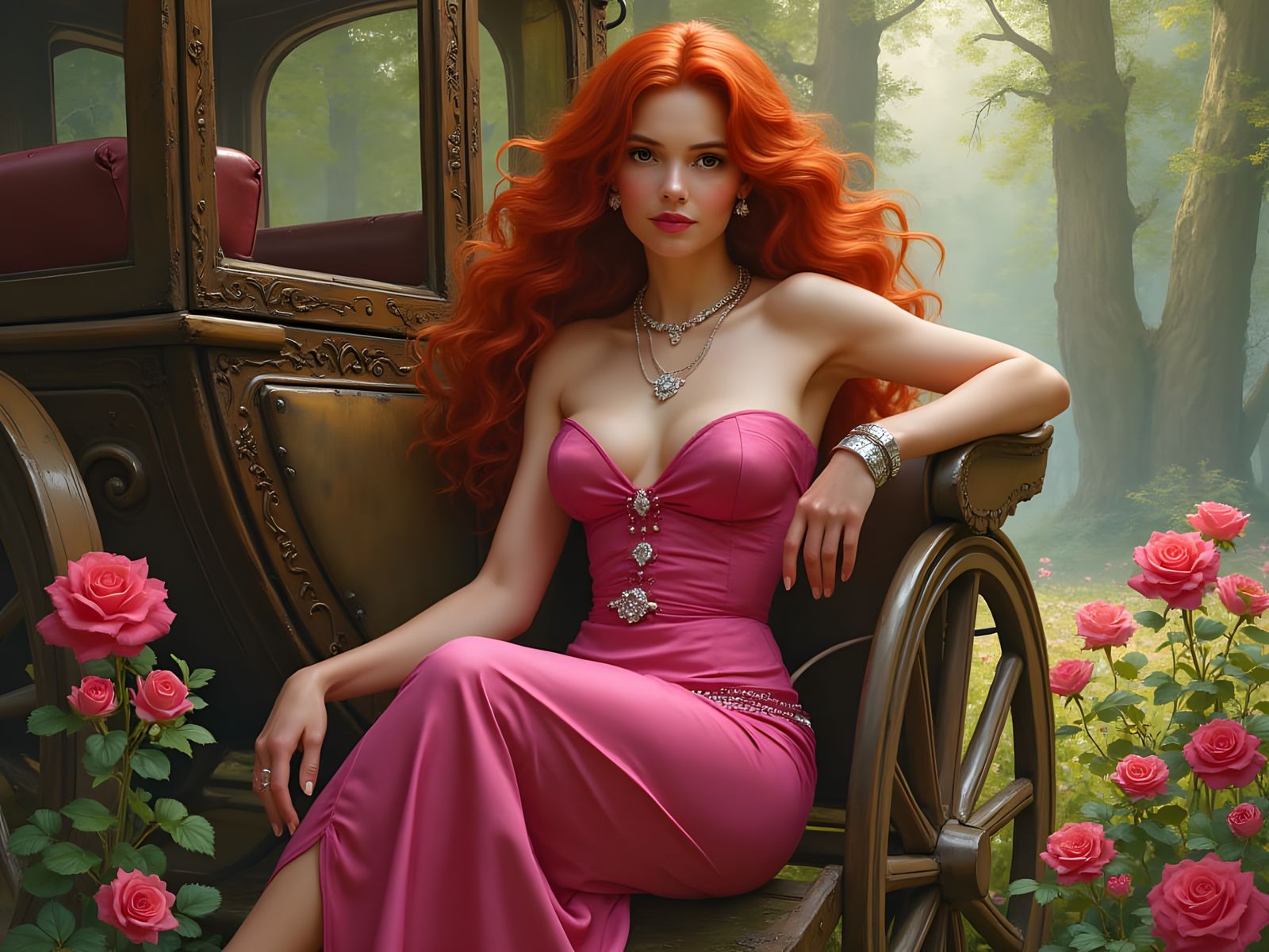 Whimsical Princess in Vintage Carriage amidst Enchanted Fore...