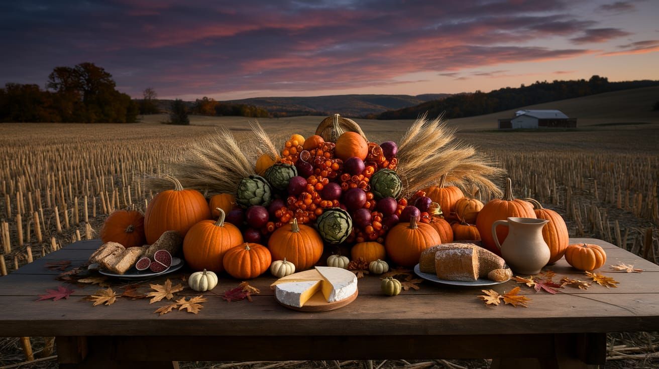Lavish Autumn Harvest Table Under Dramatic Twilight Sky