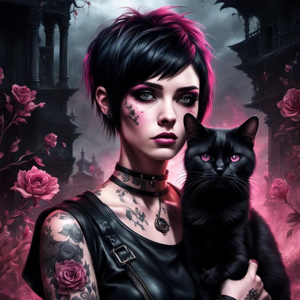 Goth Girl Petting Cat: Digital Matte Painting