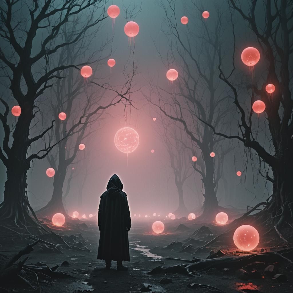 Eerie Orb Sorcerer in a Dark Futuristic Landscape