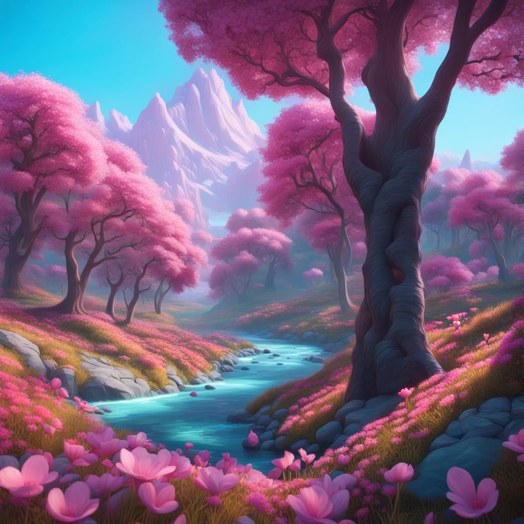 Mountains, Stream, Trees, and Flowers as 3D Digital Art