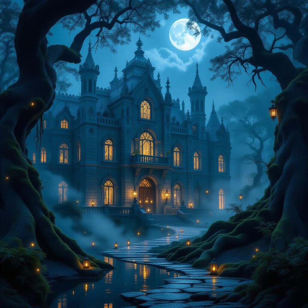 Majestic Palace in Mystical Forest at Night