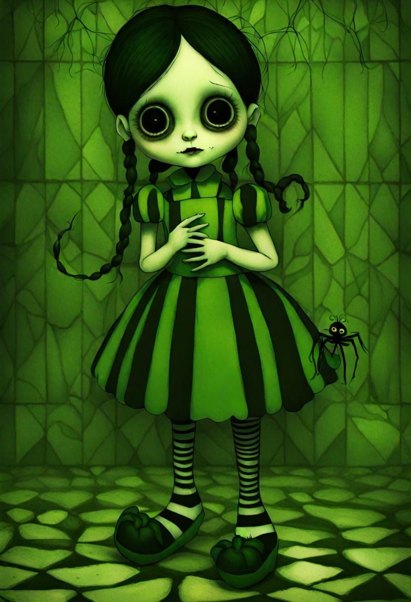 Gothic Girl with Button Eyes and Spider Doll