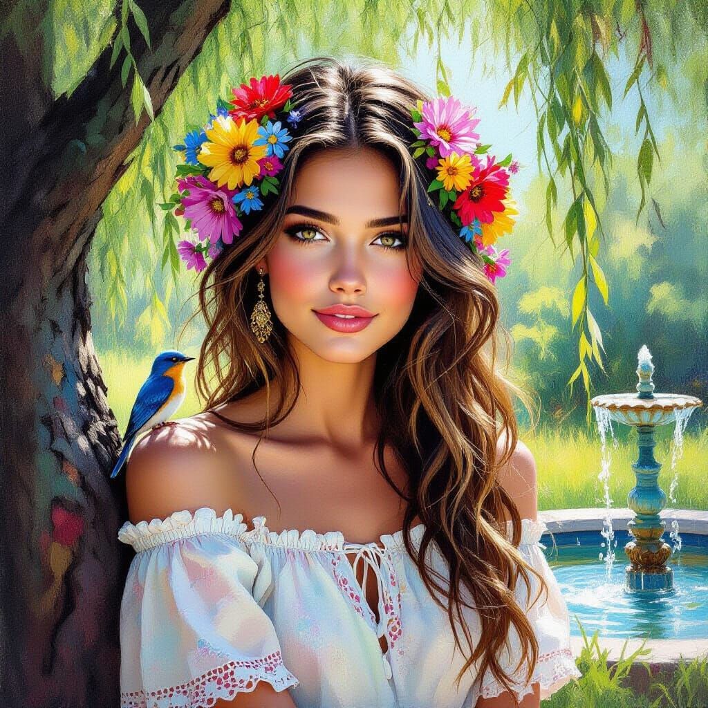 Young Woman with Flower Hair in Vibrant Oil Painting
