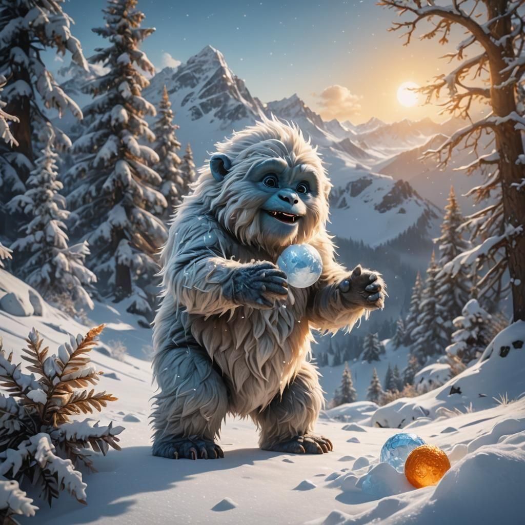 Baby Yeti Plays in Snowy Mountains