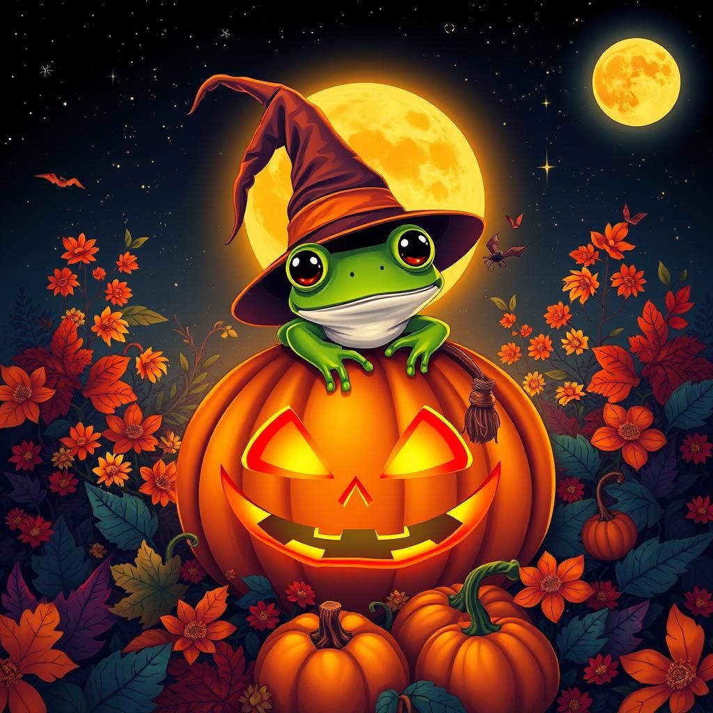 🎃✨A small frog sitting on a pumpkin🎃✨