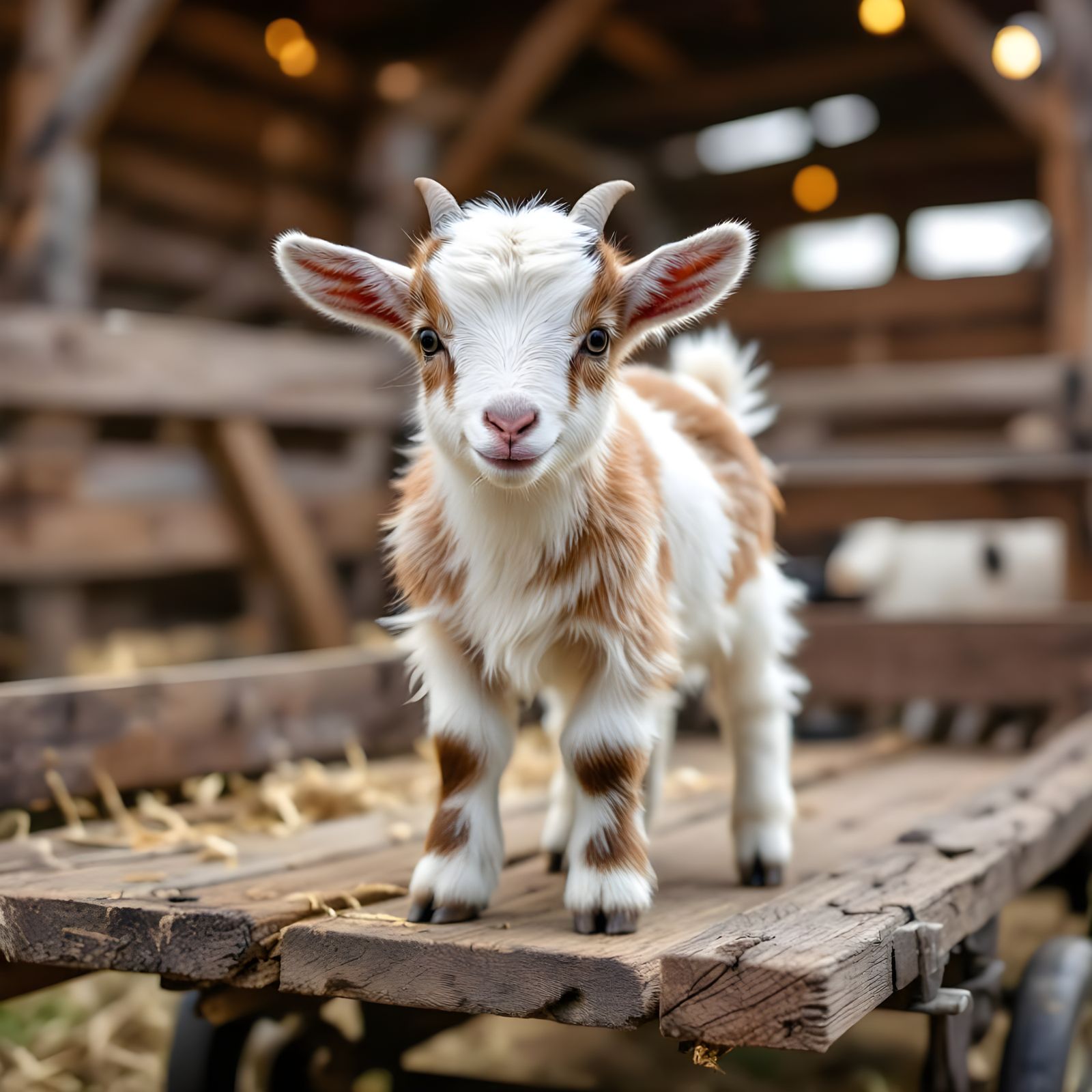 Adorable Baby Goat Standing on a Wagon