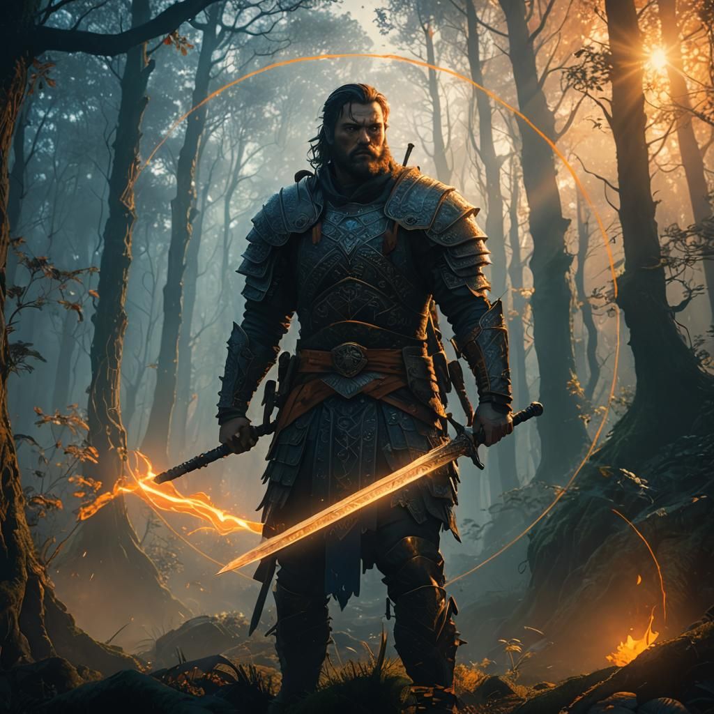 Mystical Forest Warrior with Runed Sword