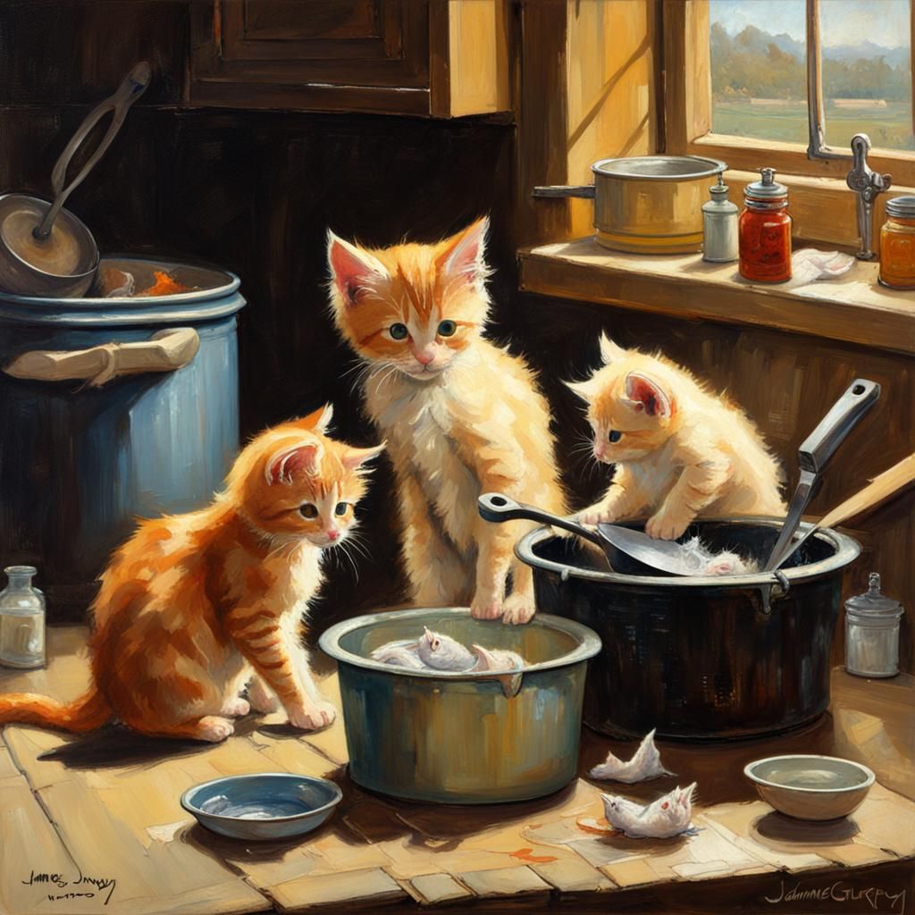 Kittens Preparing Food: An Oil Painting