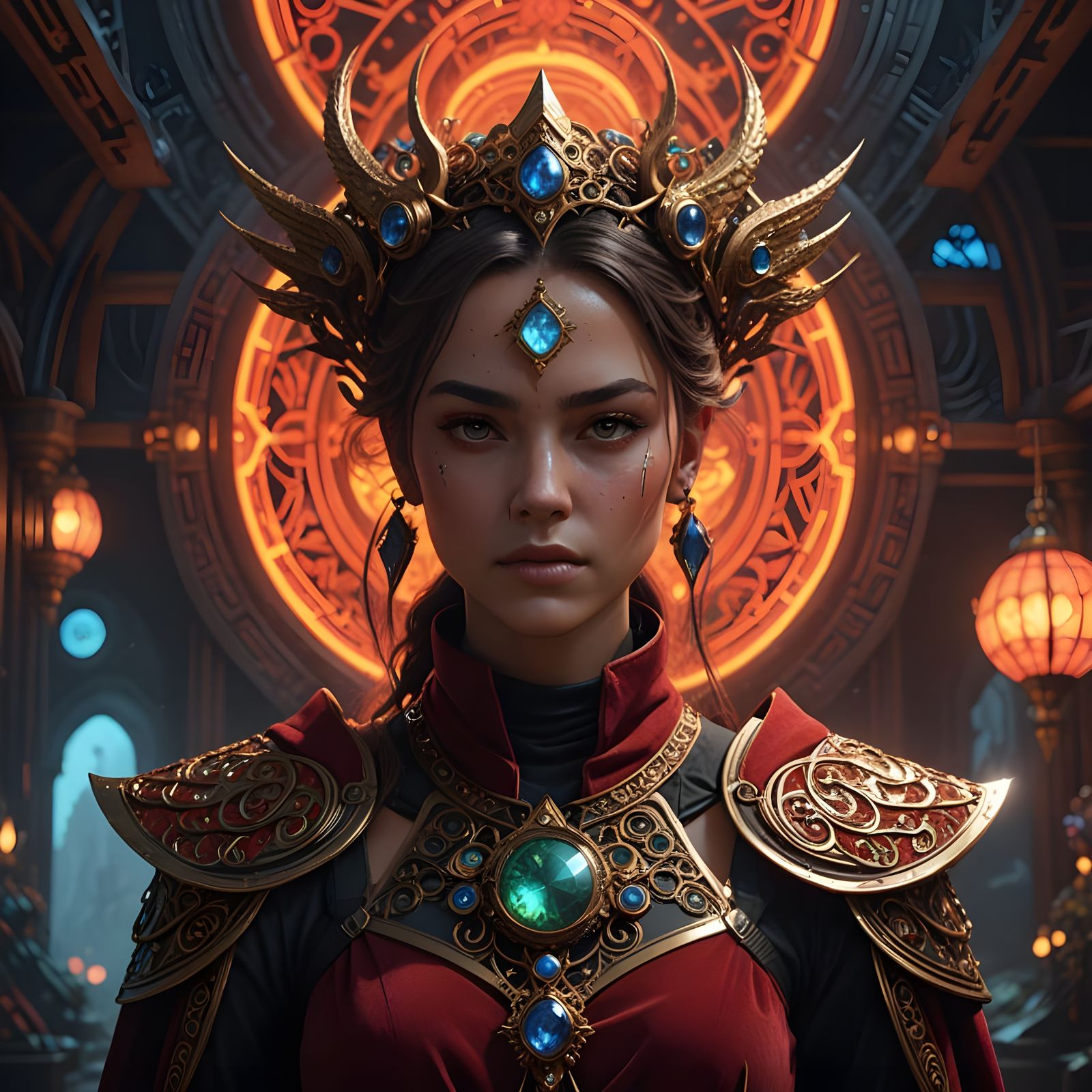 Goddess of Neon Dreams in Crimson Robes