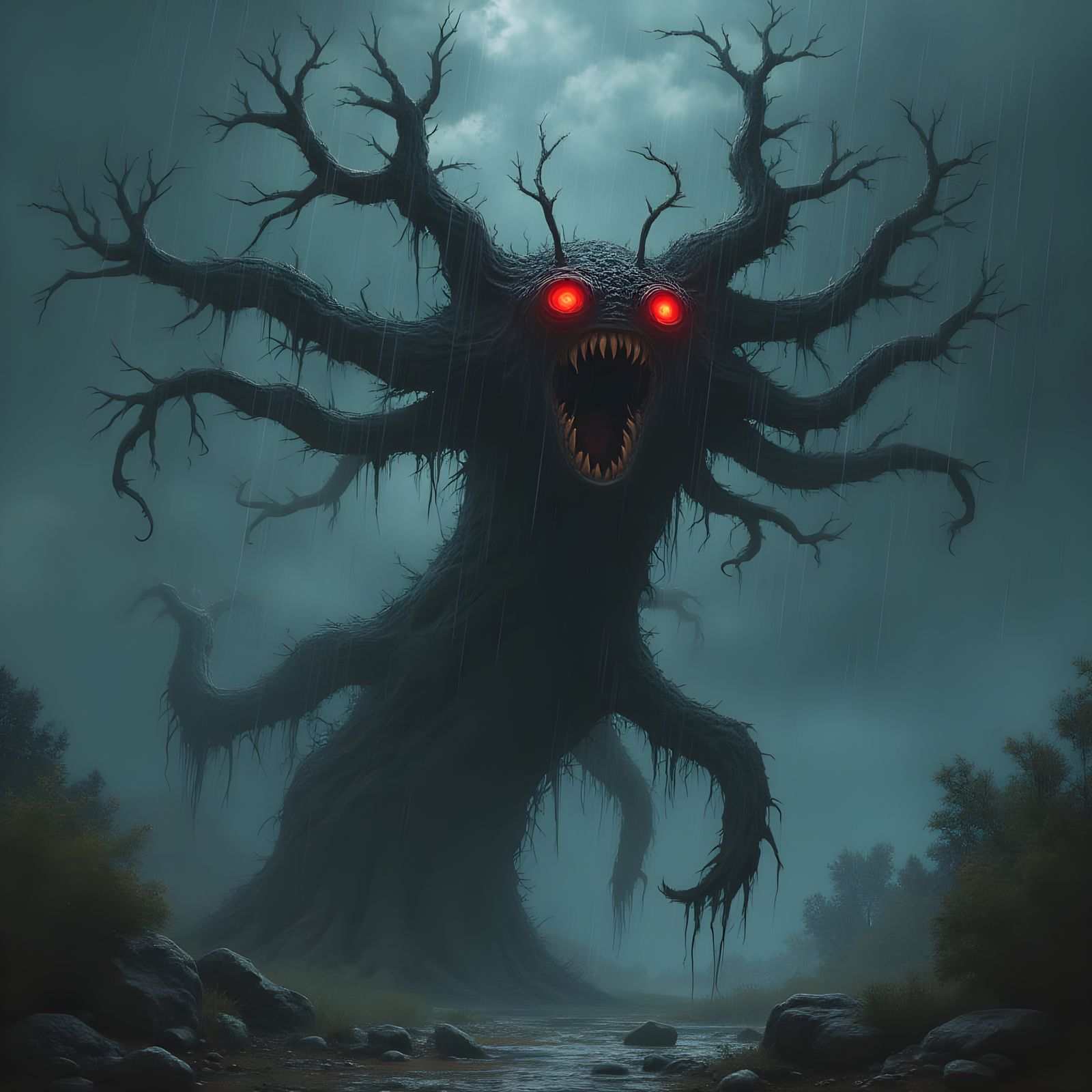 Creepy Monster Tree with Red Eyes and Maw