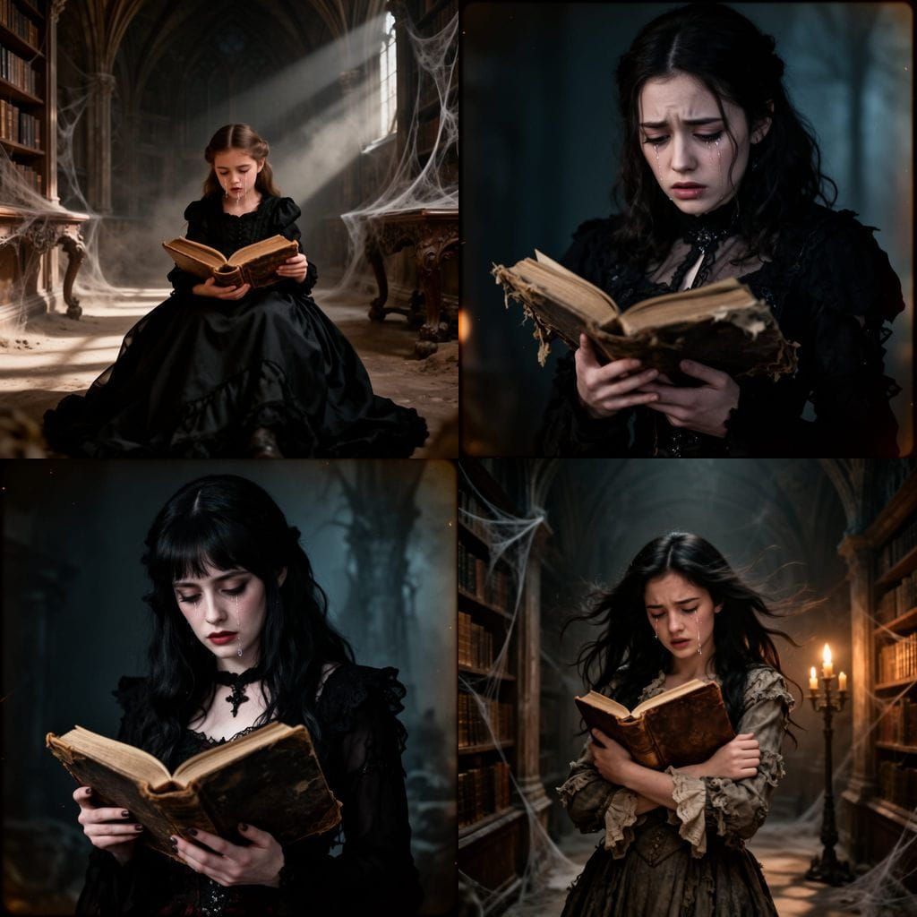 Gothic Girl Cries Over Book Cinematic Film Still