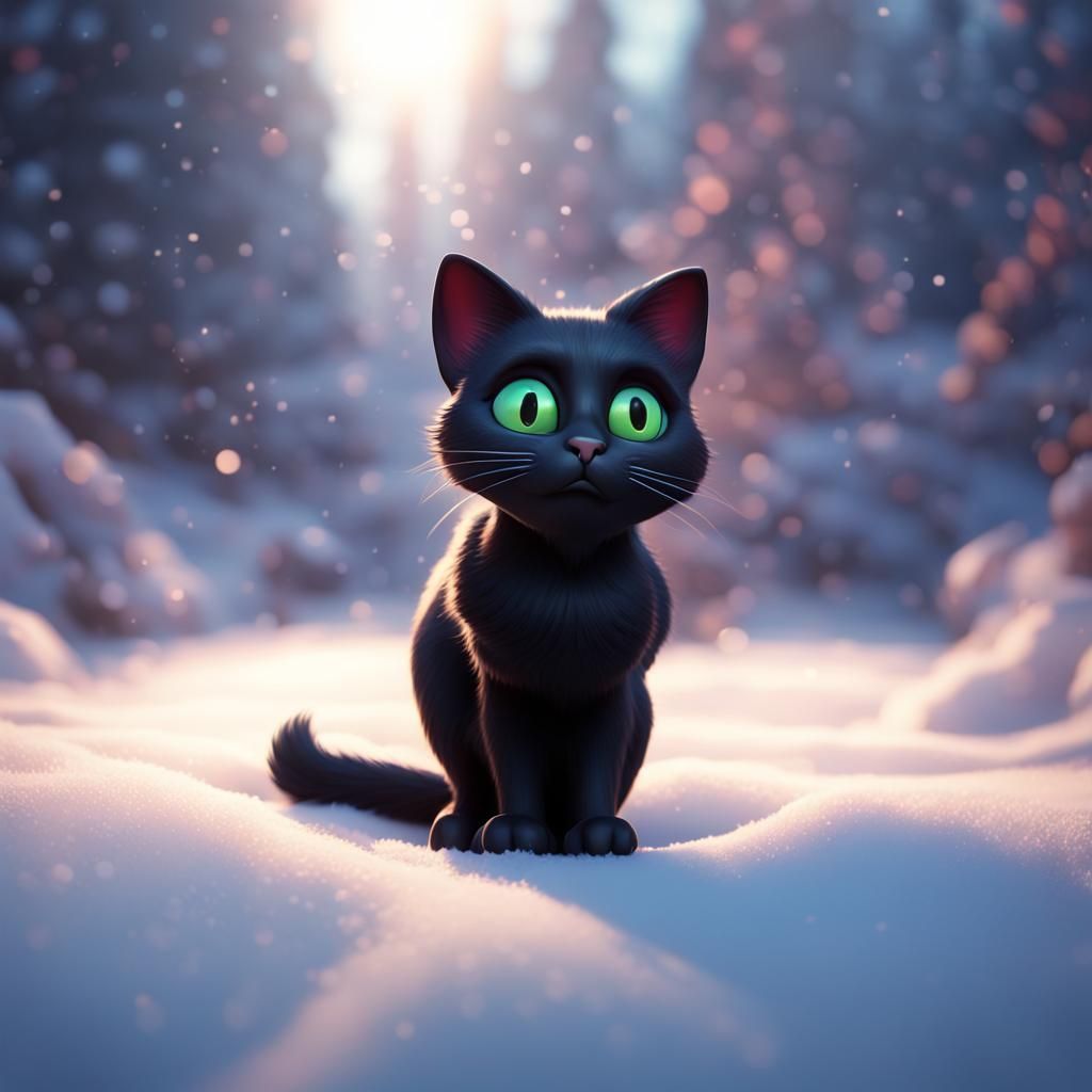 Black Cat in Snow: 3D Digital Art