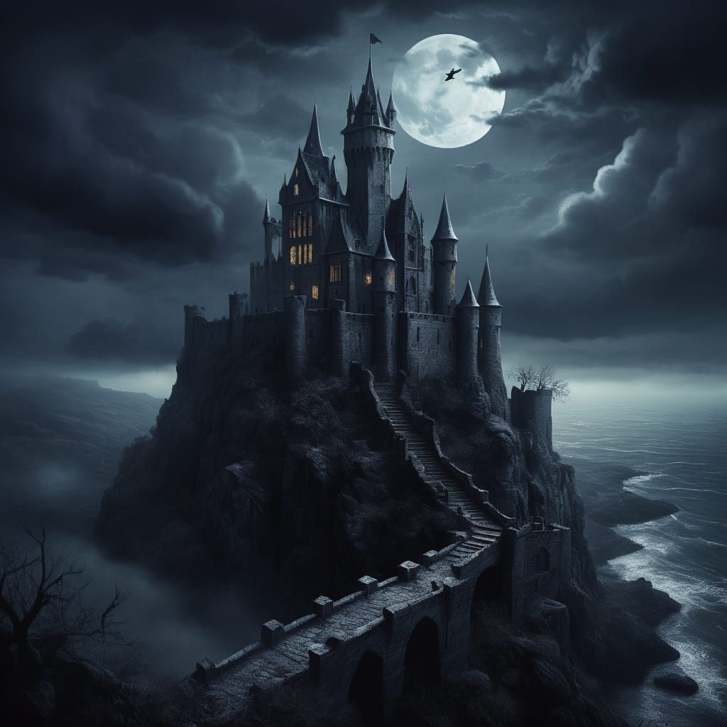Gothic Castle on Cliff in Stormy Sky - Dark Fantasy Art
