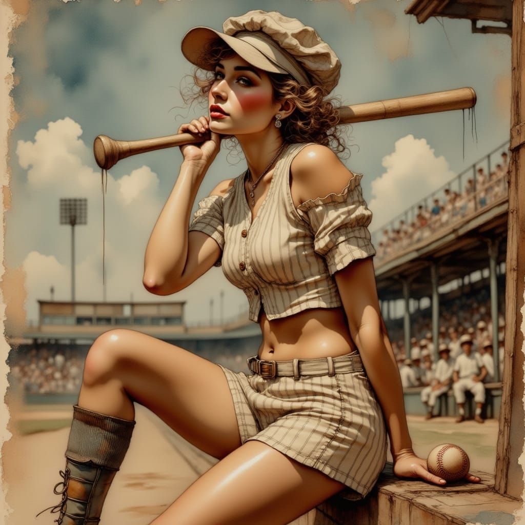 Vintage Pinup Girl Baseball Player in Classic Pinstripes