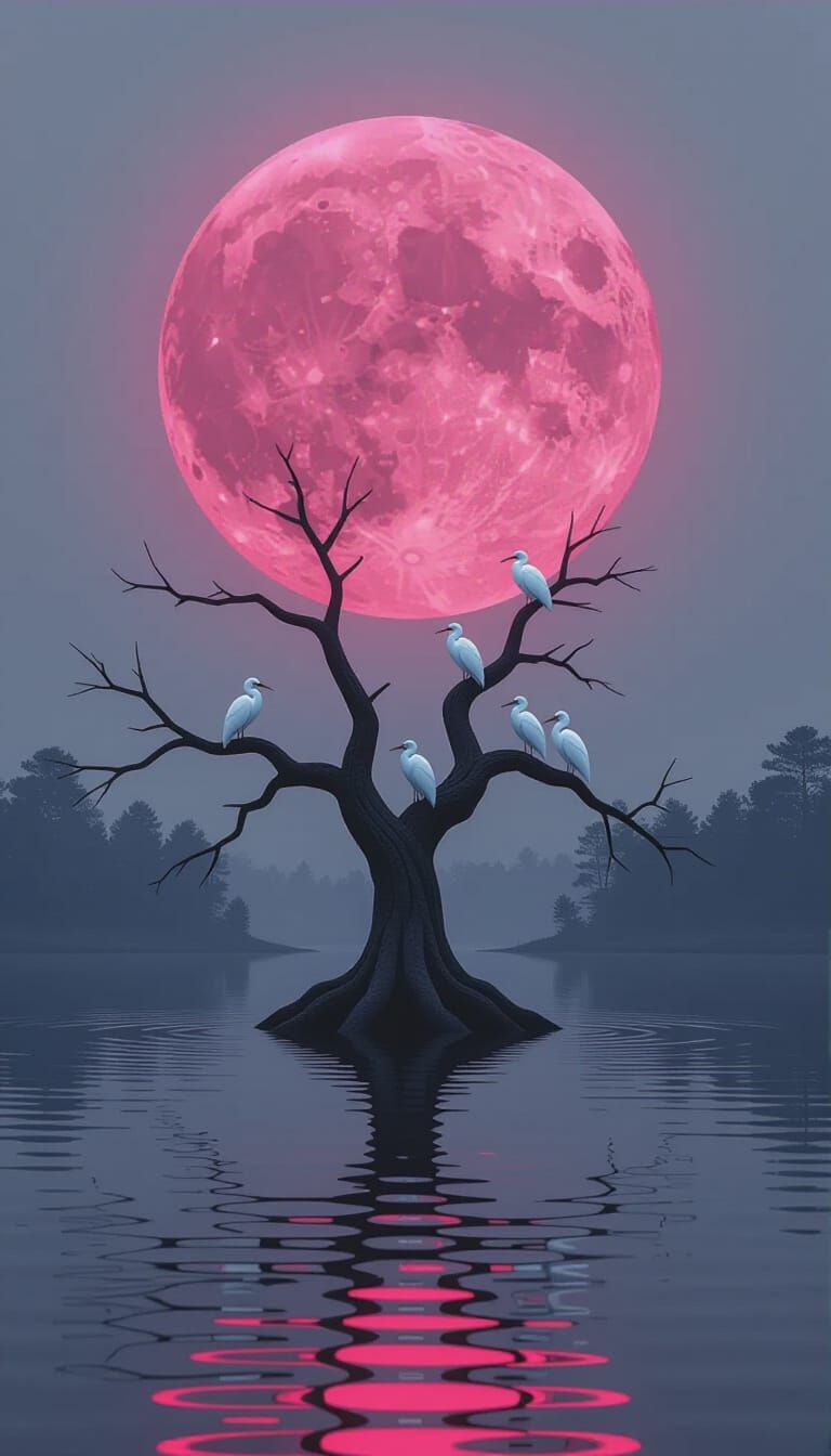 Monochrome Landscape with Pink Moon and Egrets