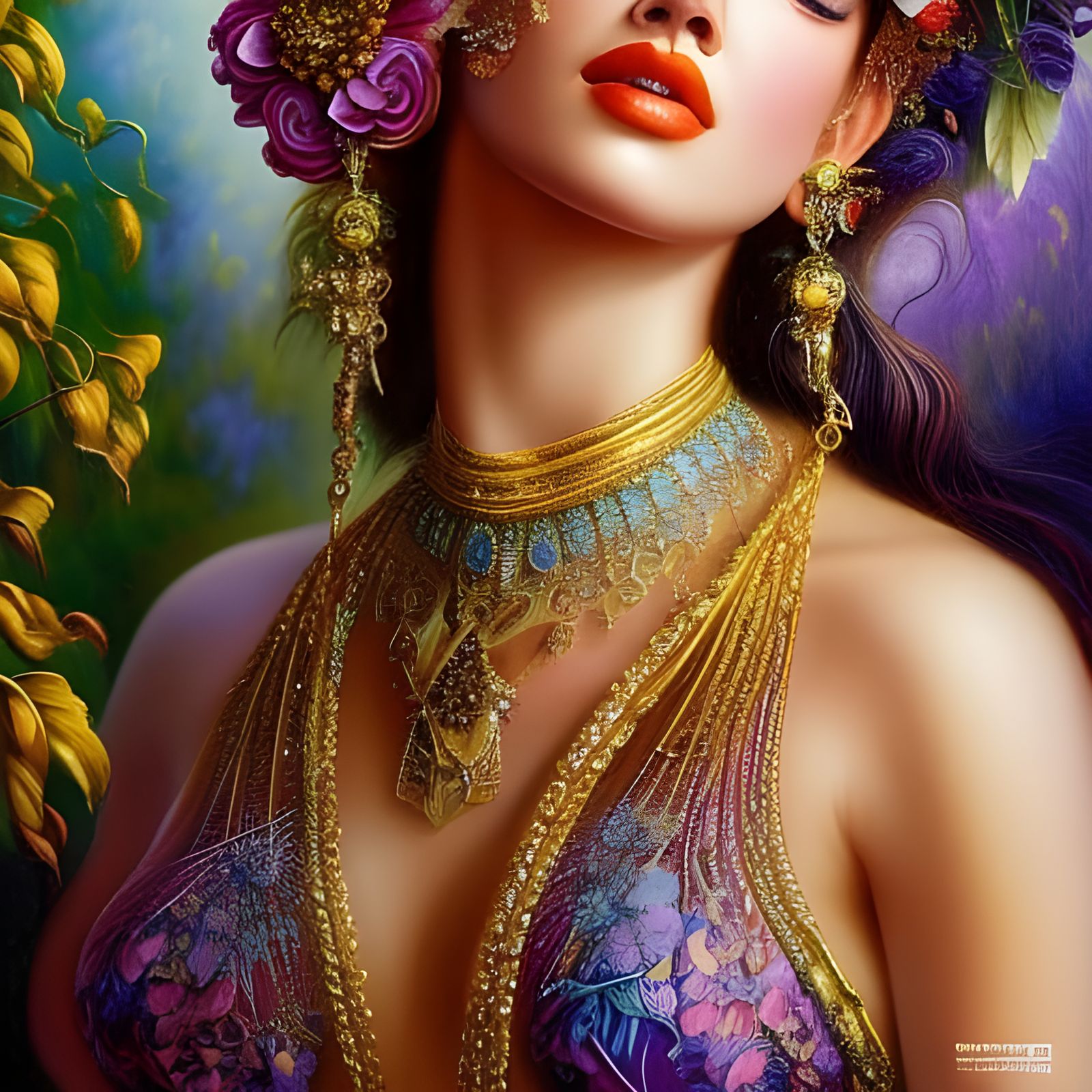 Goddess in Nudism with Flower Hat, Digital Illustration