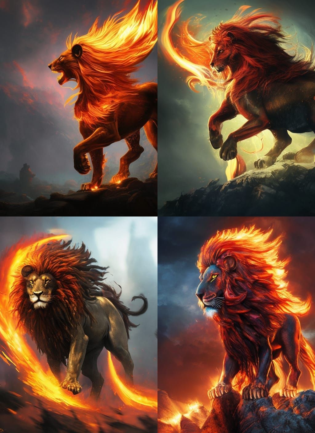 Flaming Lion with Fire Mane in Expansive Landscape
