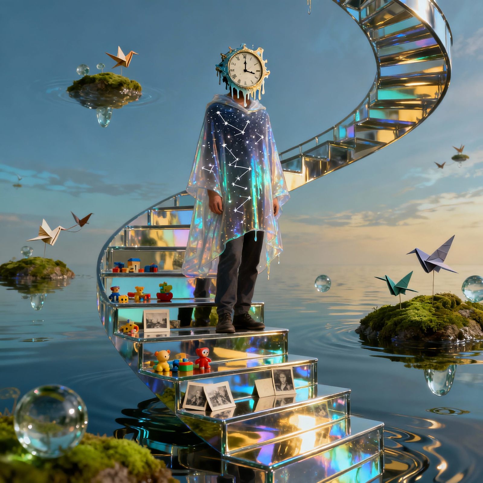 Surreal Figure on Floating Stairs in Chrome Sky