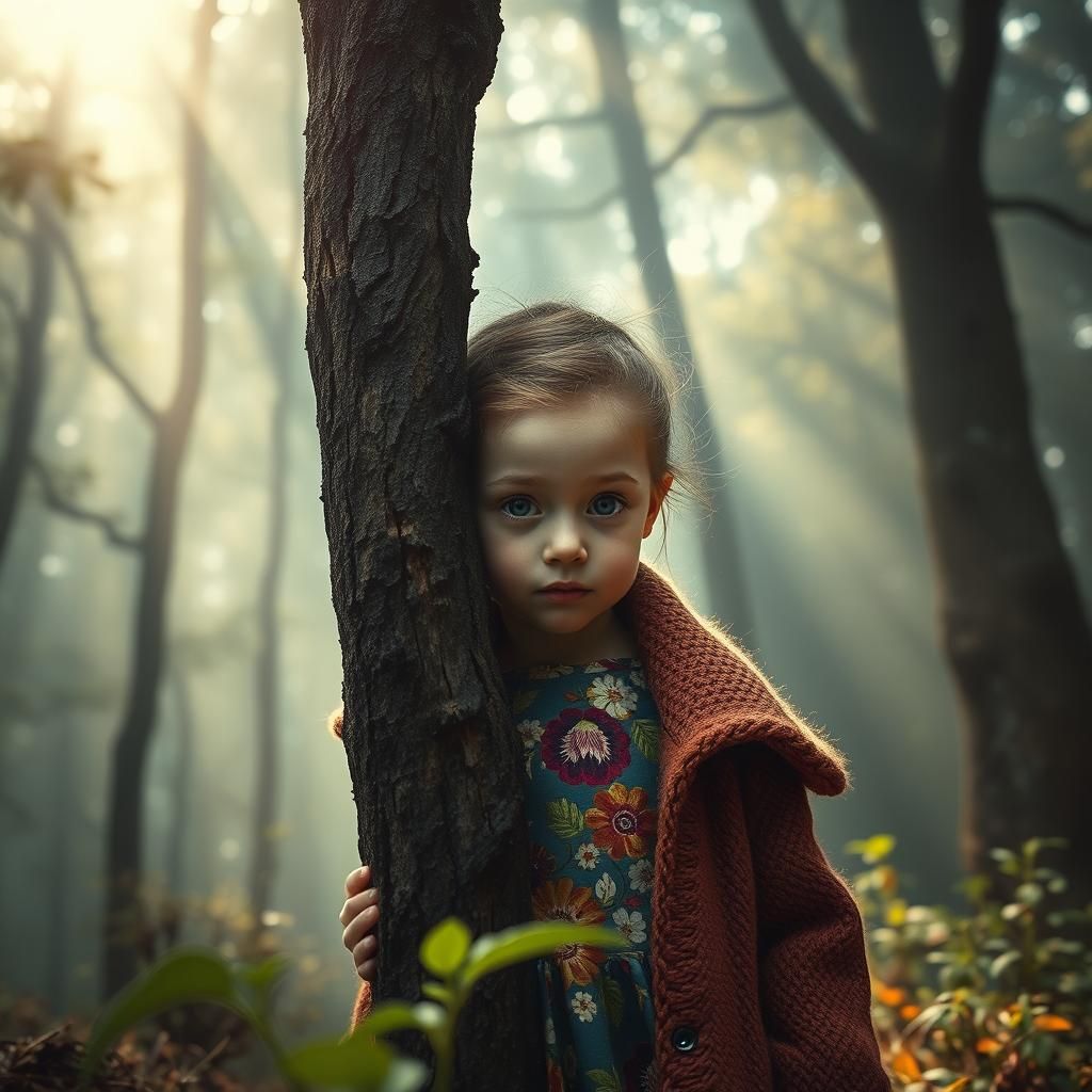 Girl Hiding in Mystical Woodland, Hyperrealistic Detail