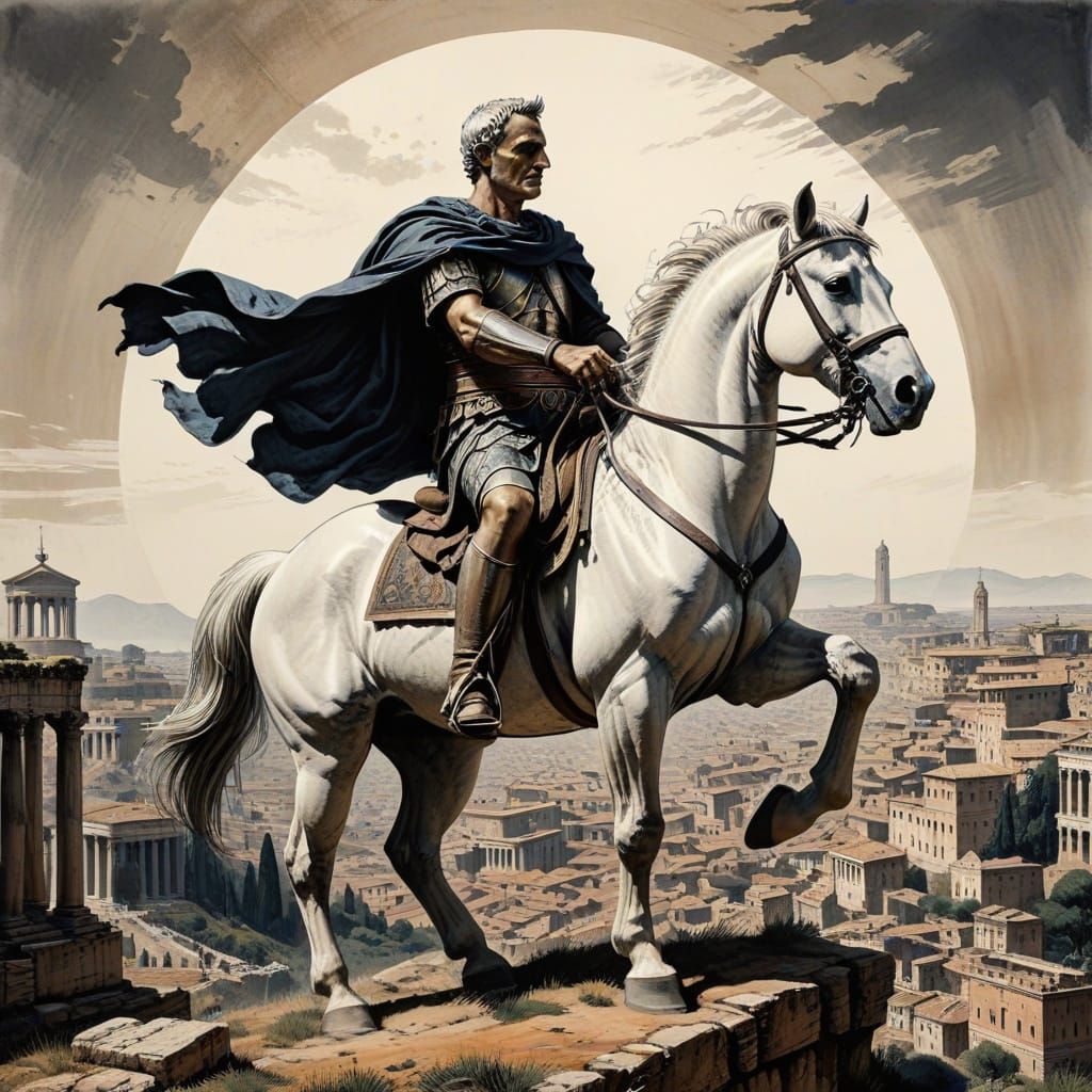 Julius Caesar Surveys Imperial Rome Pen and Ink Drawing