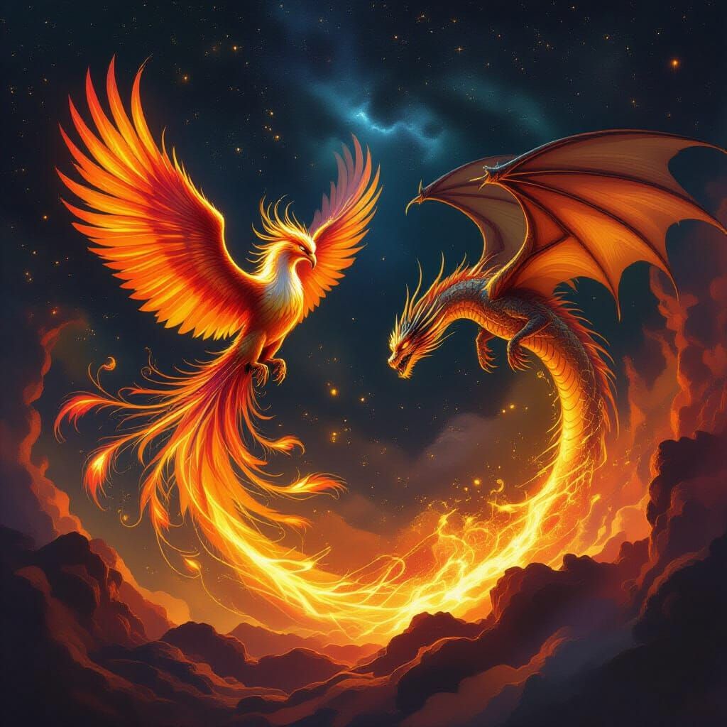 Phoenix and Dragon Rise from Fiery Vortex in Epic Fantasy Ar...
