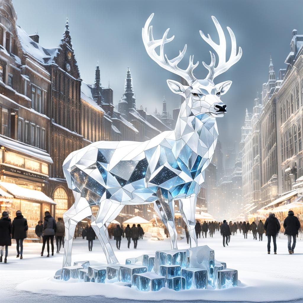 Crystalline Deer in Snowy City: Fantasy Artwork