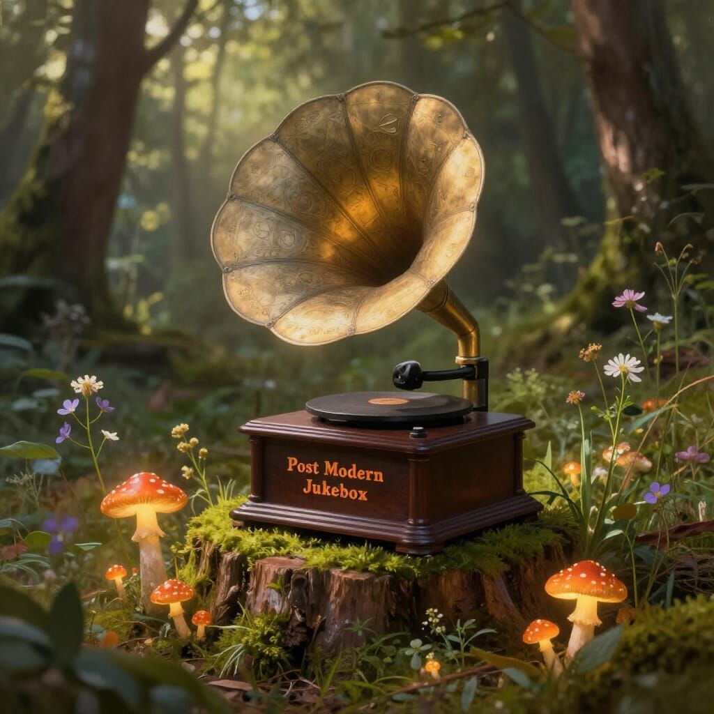 Vintage Gramophone in Sun-Dappled Forest Clearing