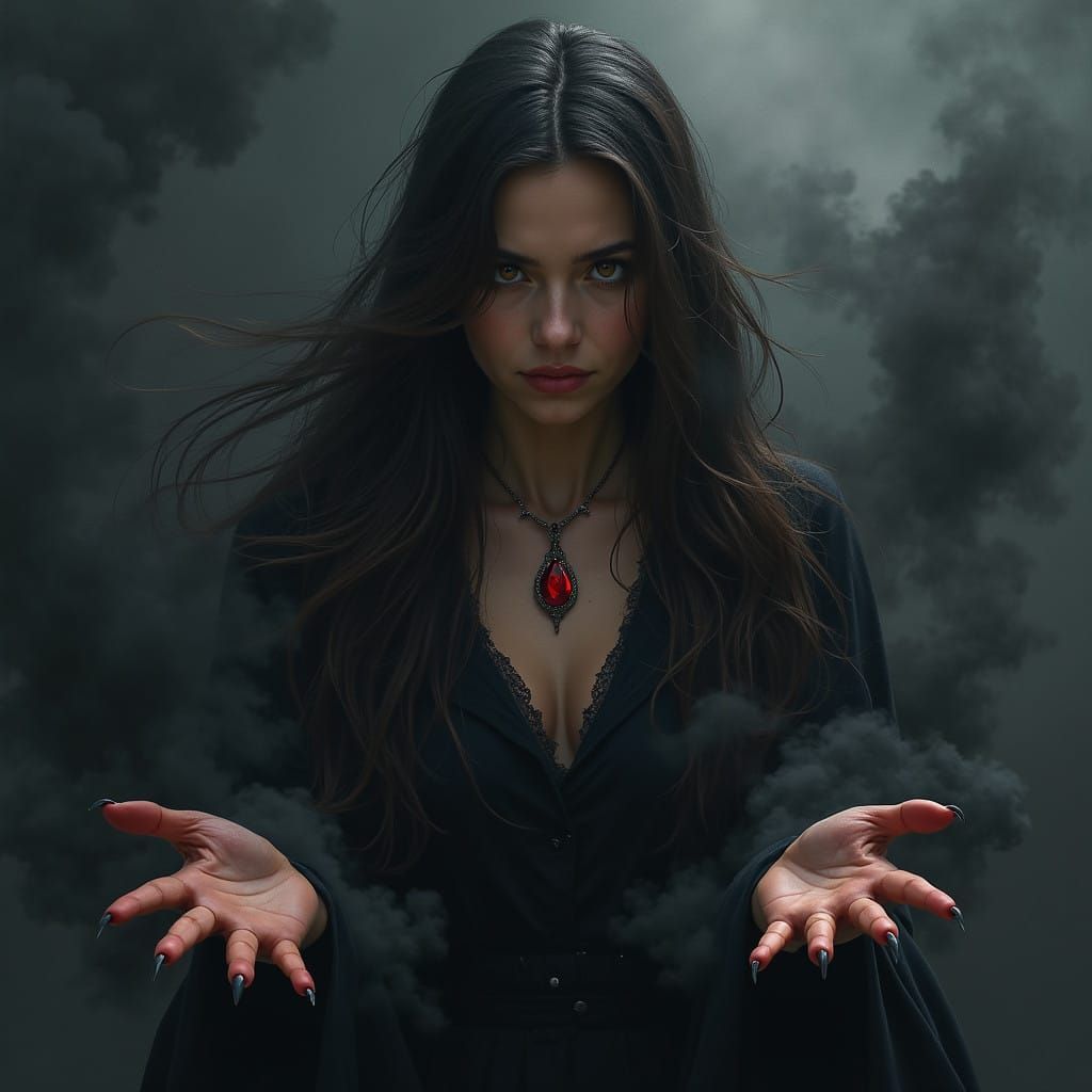 Dark Fantasy Woman Unleashes Shadowy Magic Amidst Black Fog