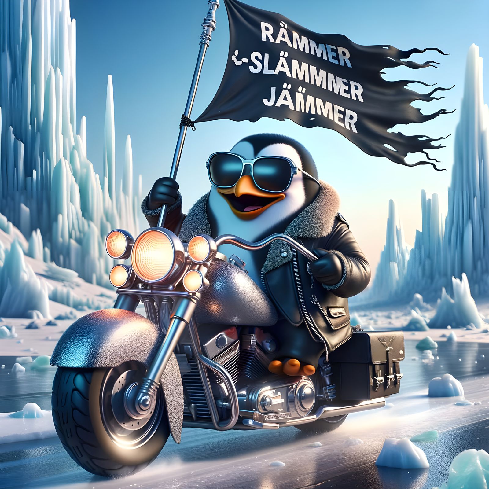 Cartoon Penguin Leads Motorcycle Gang Through Frozen Desert