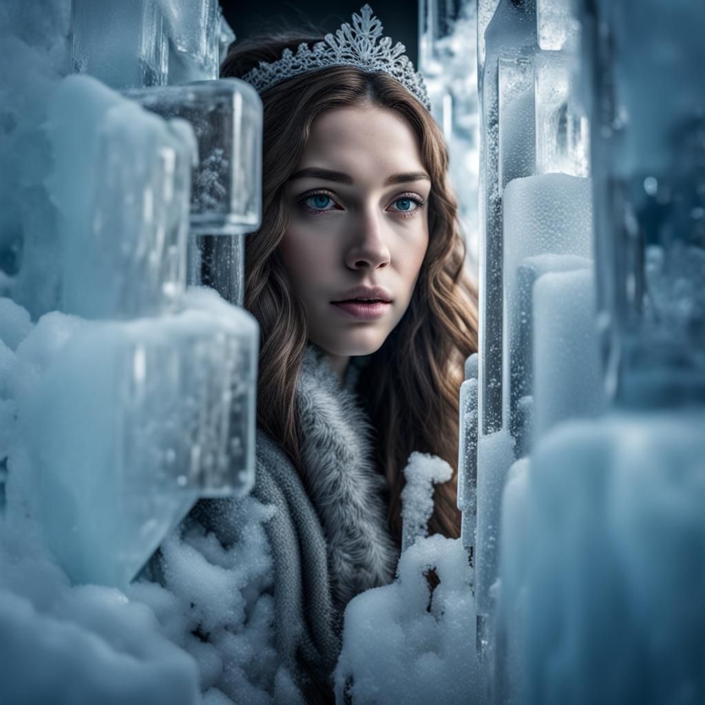 Hyperrealistic Ice Princess Portrait Through Ice Block