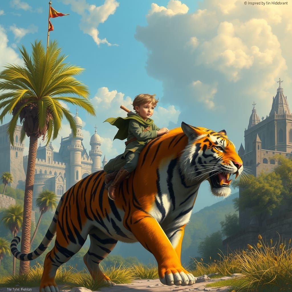 Boy Rides Tiger in Storybook Fantasy Art
