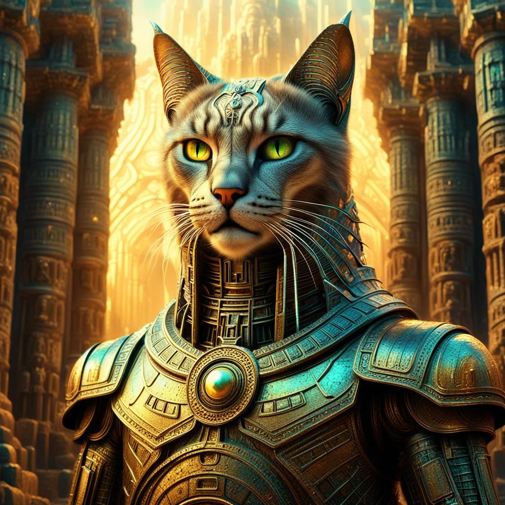Surreal Majestic Robot Cat Demigod in Ancient Temple