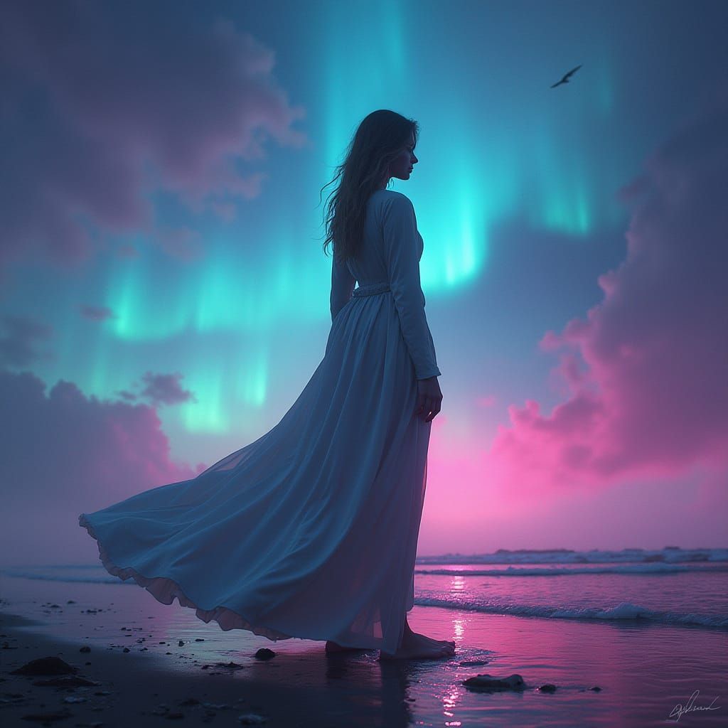 Ethereal Woman in Neon Aurora: A Digital Art Dream