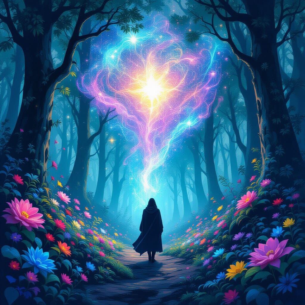 Mystical Forest: Surreal Holographic Astral Illustration