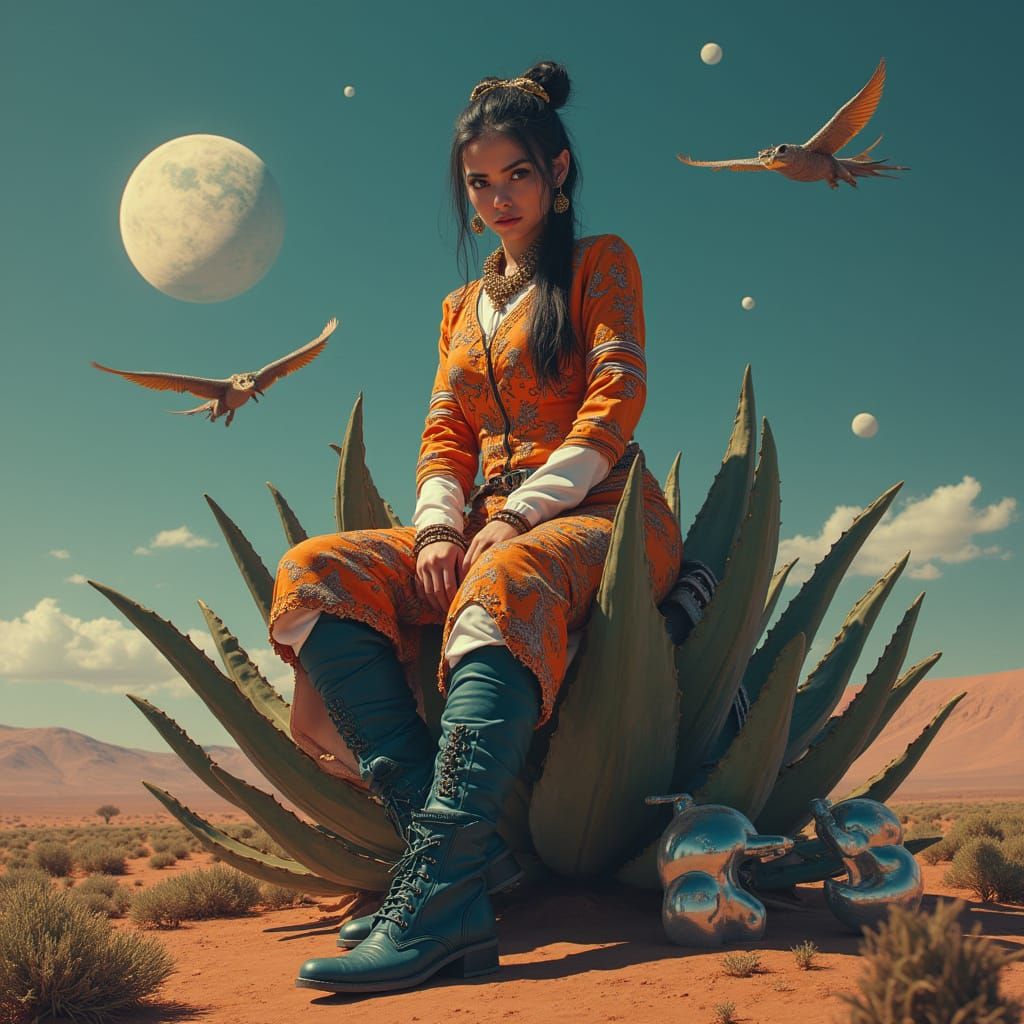 Strong Woman in Post-Apocalyptic Velvet Costume Sits on Gian...