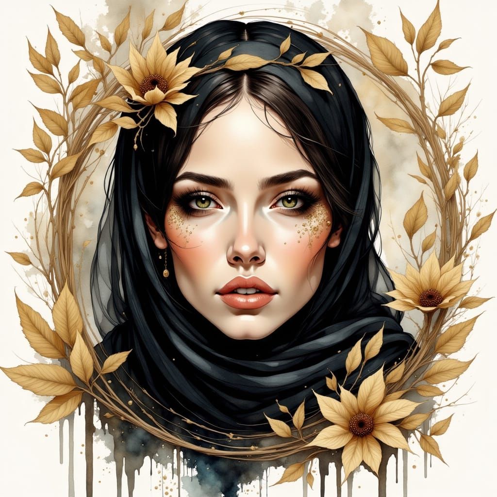 Illustration of a Beautiful young woman in black ivory and gold hijab, In the oasis, Extremely beau...