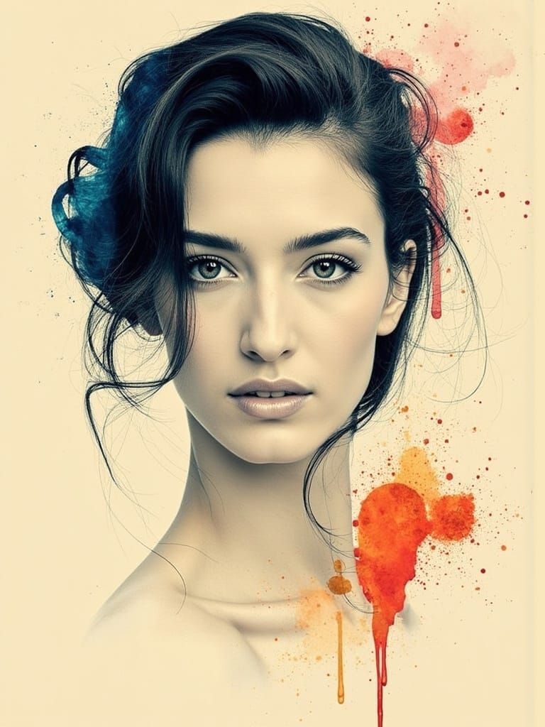 Surreal Portrait in Watercolor Style with Expressive Linewor...
