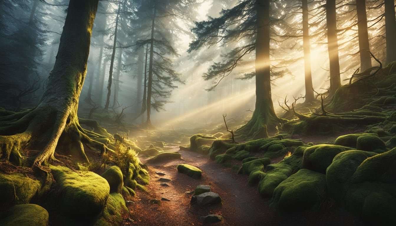 Misty Forest Path at Dawn with Golden Sunbeams