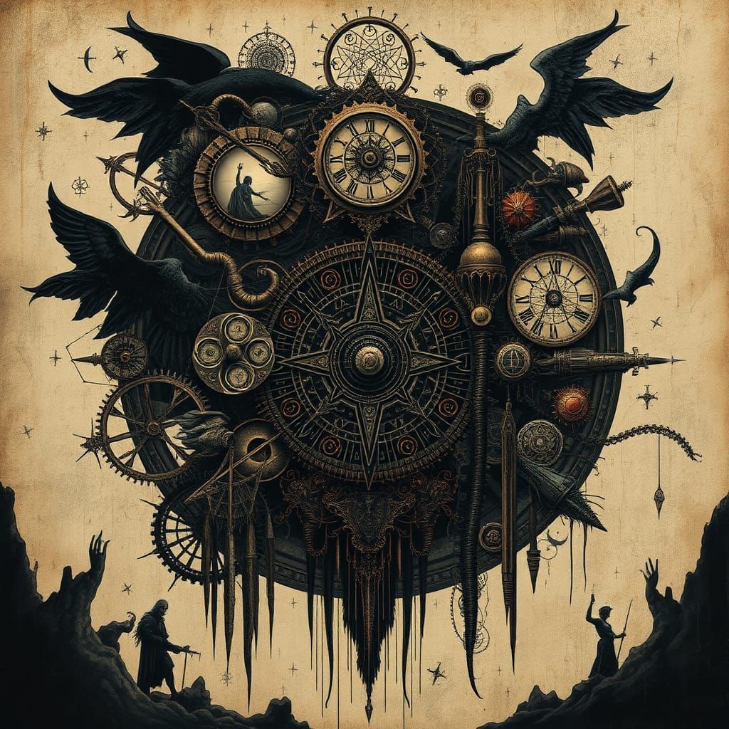Dark Mystical Collage in Clockpunk Style