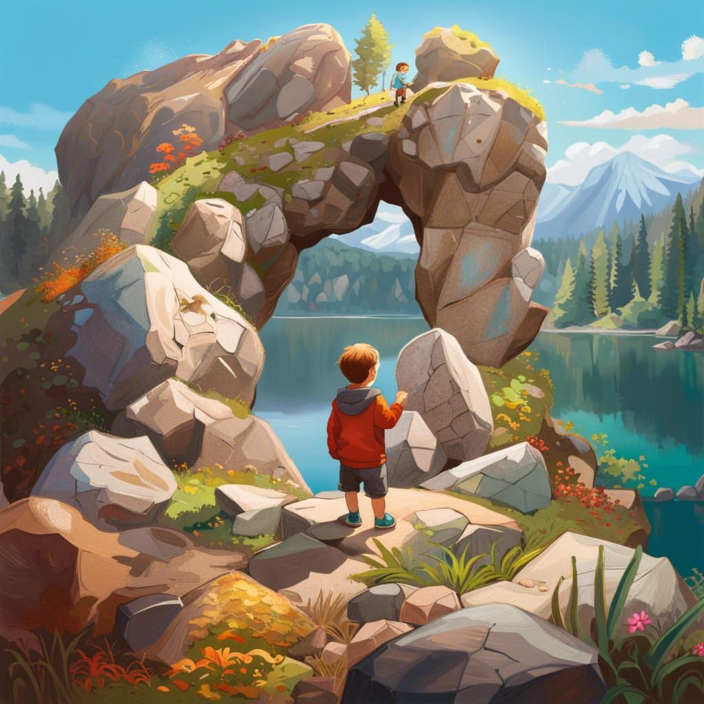 Toddler Climbing Rocks by Lake, Surreal Digital Art