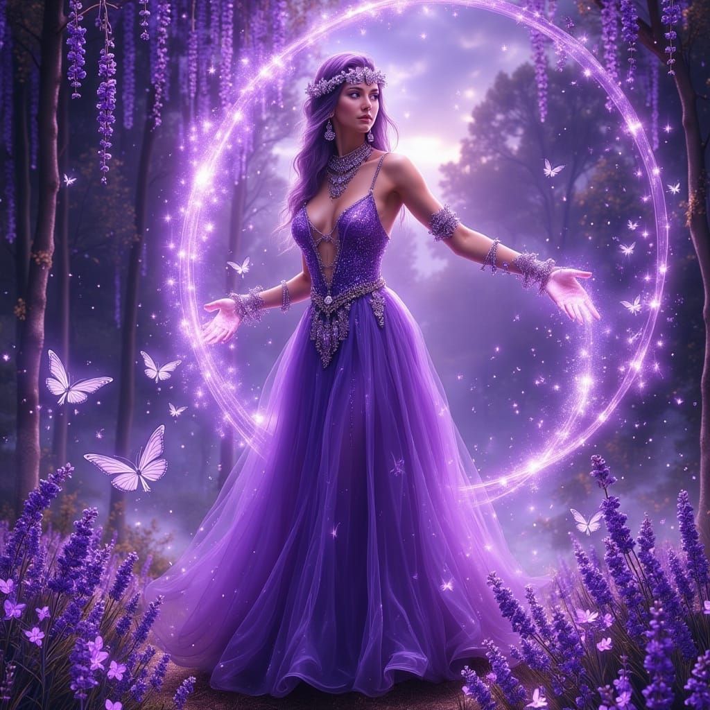 Medieval Enchantress Casting Spell in Violet Meadow