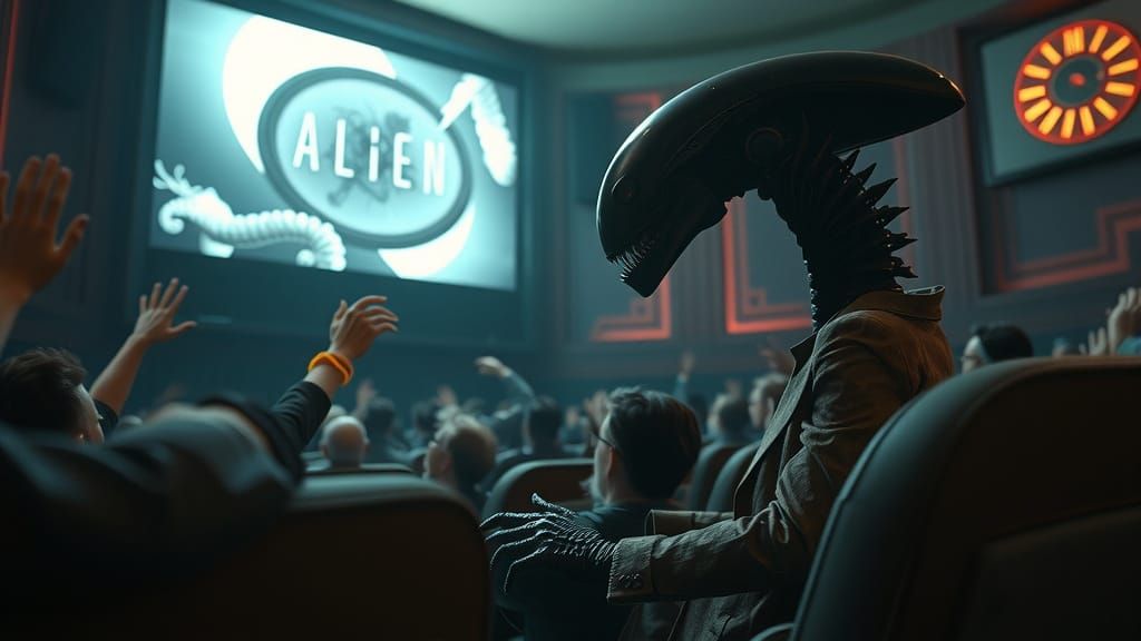 Xenomorph Watches Alien Movie in Retro Cinema