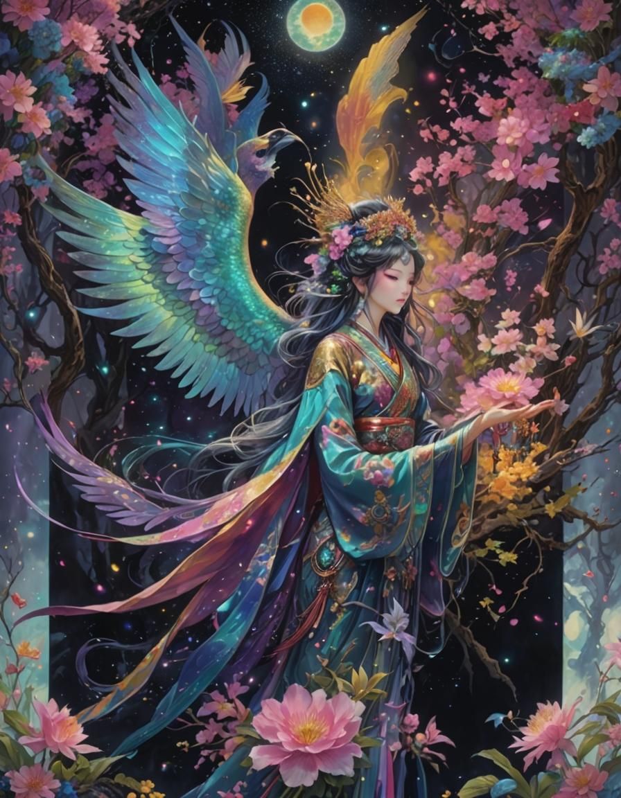 Oriental Princess Casting Spell in Vaporwave Anime Style