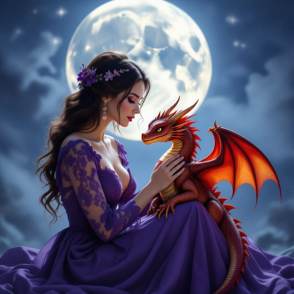 Siren and Dragon Under Moonlight: Surreal Art