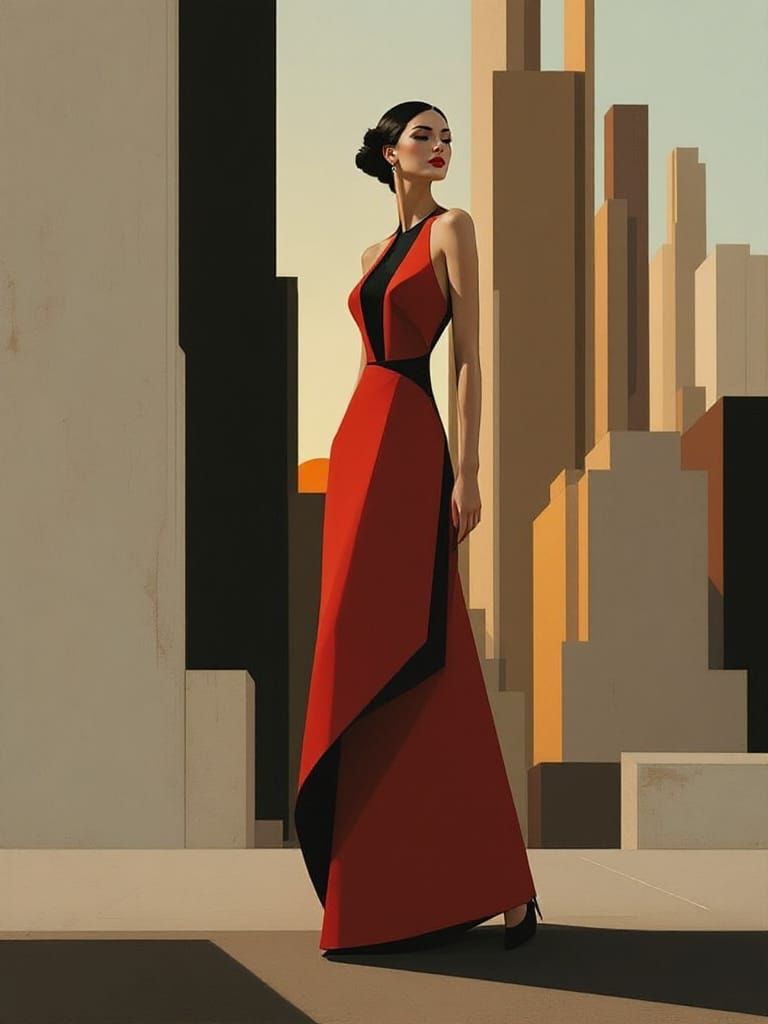 Deco-Modern City Portrait: Woman in Red Gown